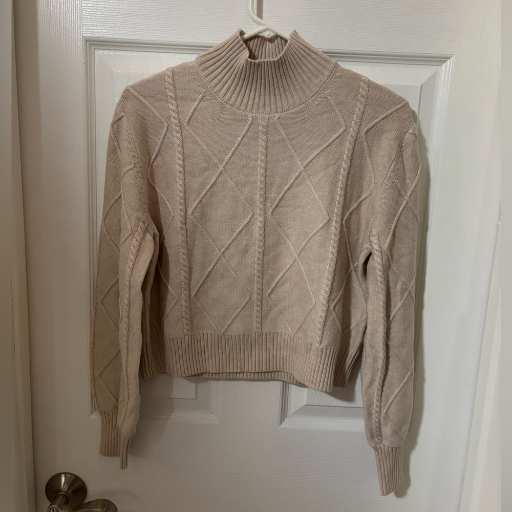 Twik Beige Cable Knit Mock Neck Turtleneck Sweater